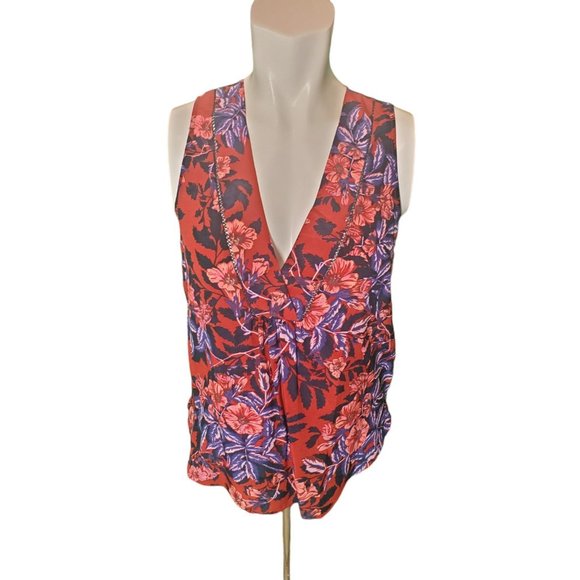 Rebecca Taylor Floral Silk Tank Satin Blouse Top Burnt Red Multi Sz 2 - Picture 4 of 8